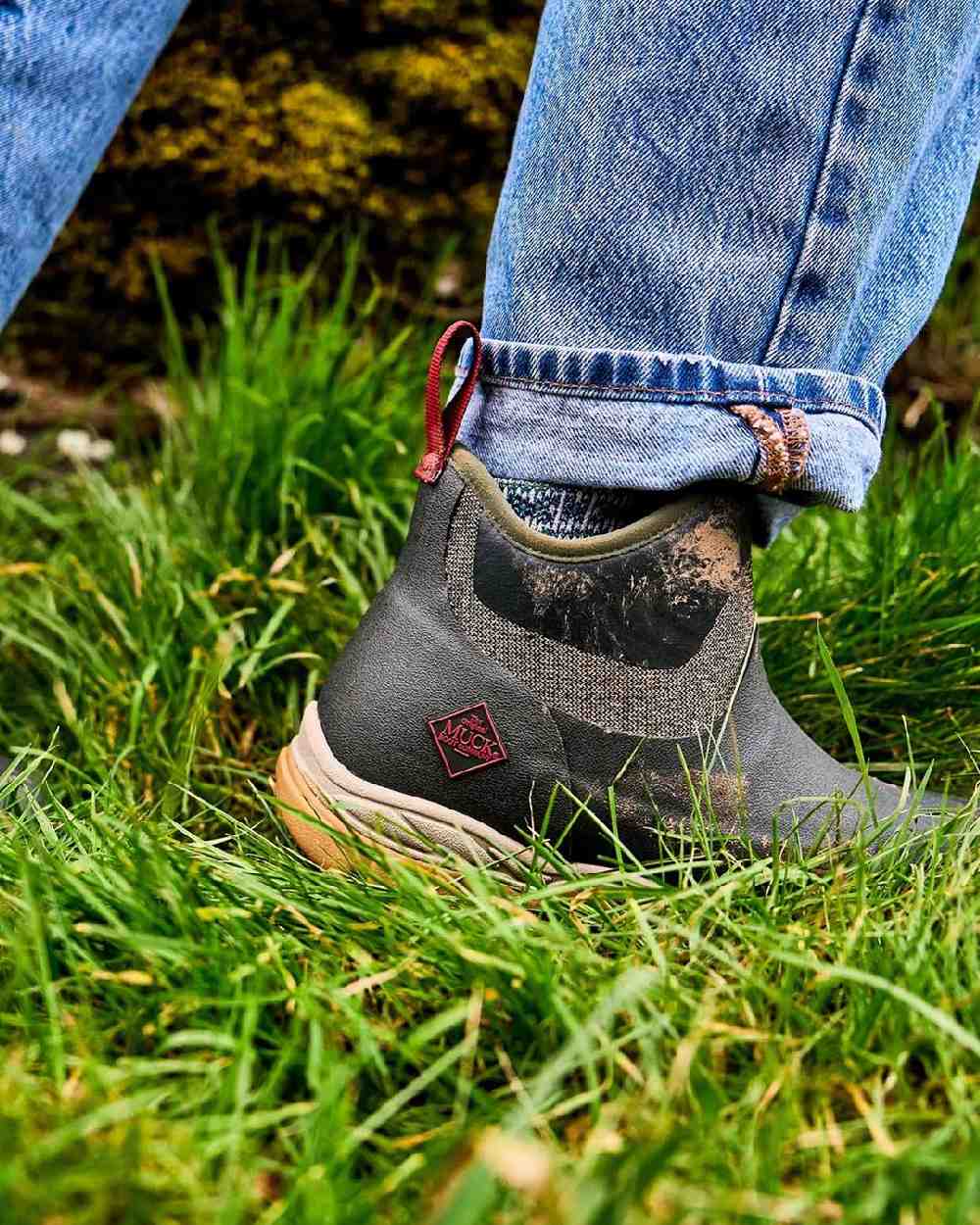 Olive Herringbone Print Coloured Muck Boots Womens Arctic Sport II Ankle Boots on White Background
