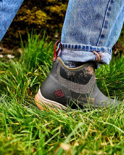 Olive Herringbone Print Coloured Muck Boots Womens Arctic Sport II Ankle Boots on White Background
