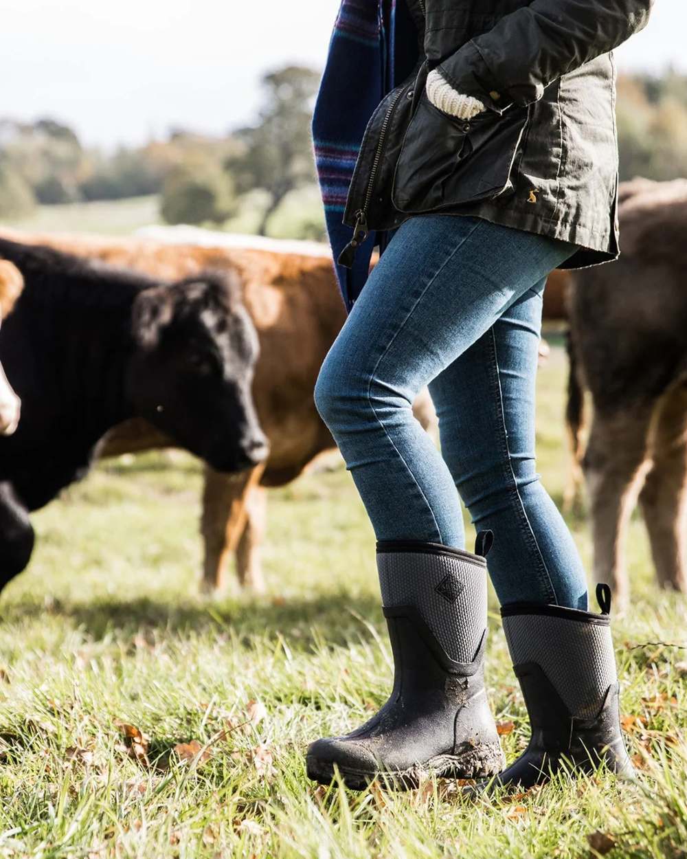 Black Grey Coloured Muck Boots Womens Arctic Sport II Mid Wellingtons On A Field Background 