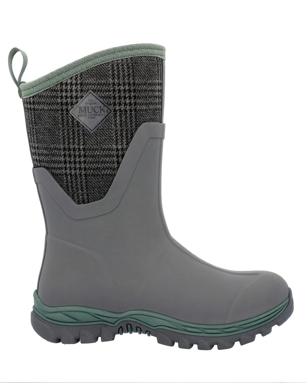 Grey Plaid Print Coloured Muck Boots Womens Arctic Sport II Mid Wellingtons On A White Background 