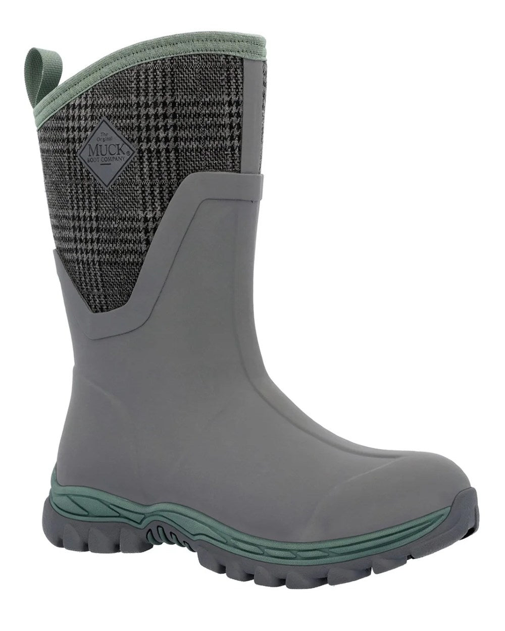 Grey Plaid Print Coloured Muck Boots Womens Arctic Sport II Mid Wellingtons On A White Background 