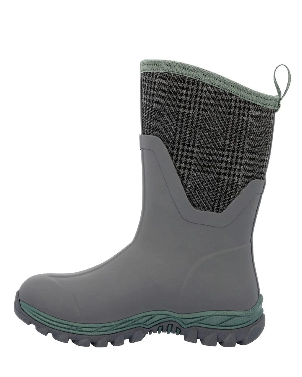 Grey Plaid Print Coloured Muck Boots Womens Arctic Sport II Mid Wellingtons On A White Background 