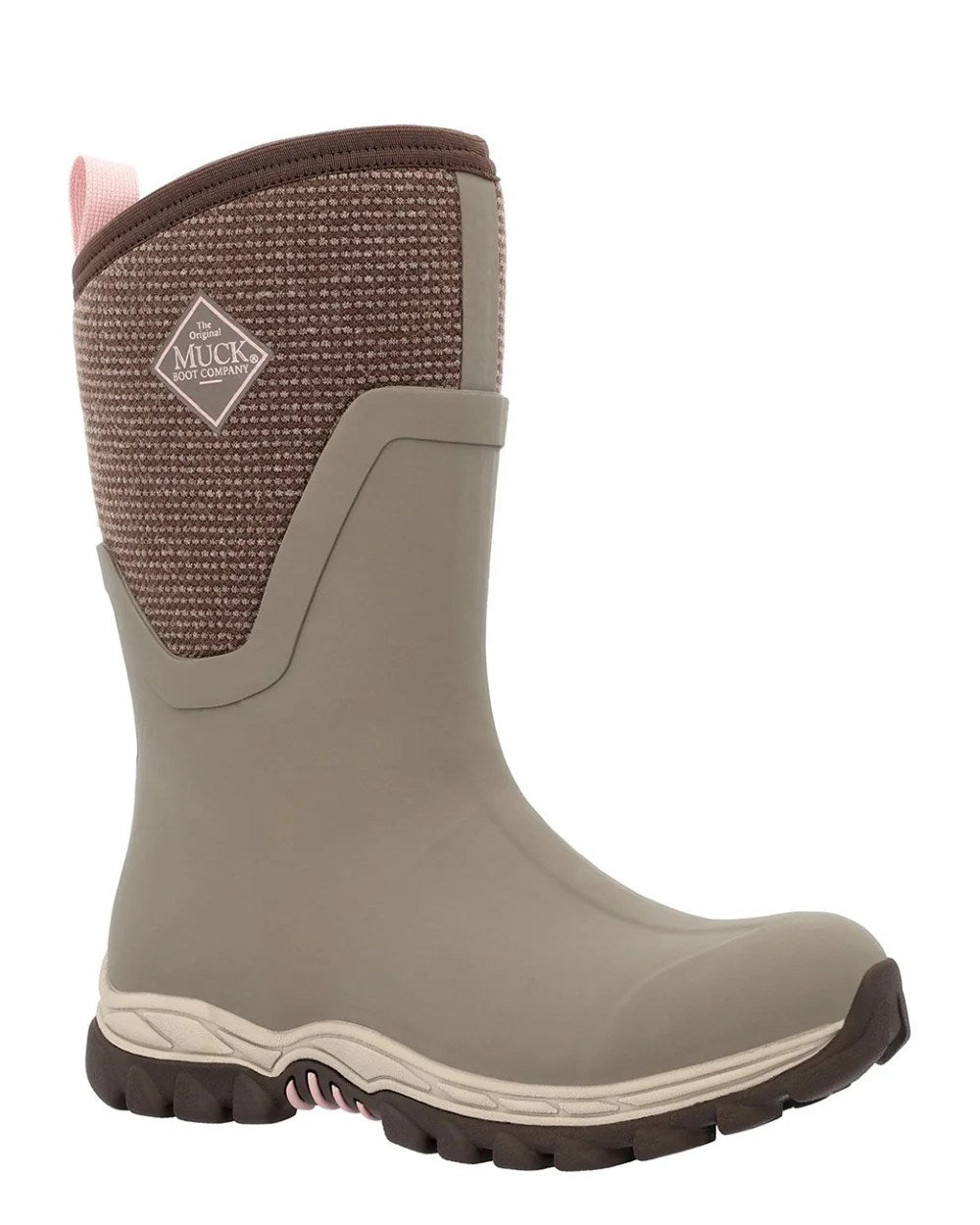 Walnut Chocolate Brown Woven Coloured Muck Boots Womens Arctic Sport II Mid Wellingtons On A White Background 