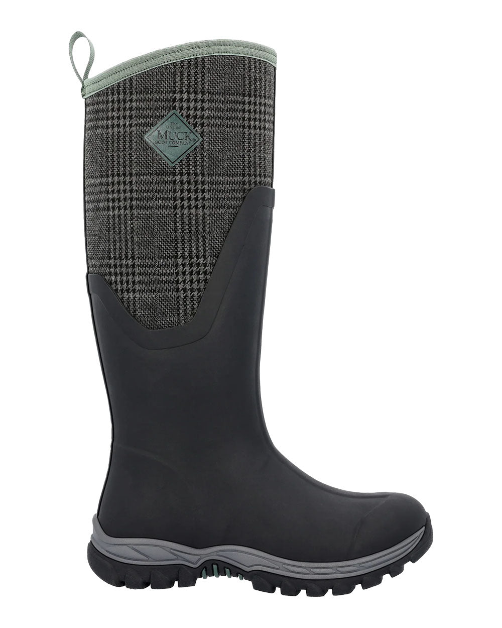 Black Plaid Print Muck Boots Womens Artic Sport II Tall Wellingtons on White background 