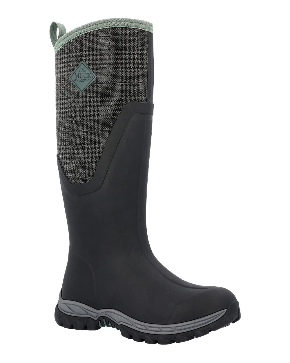 Black Plaid Print Muck Boots Womens Artic Sport II Tall Wellingtons on White background 