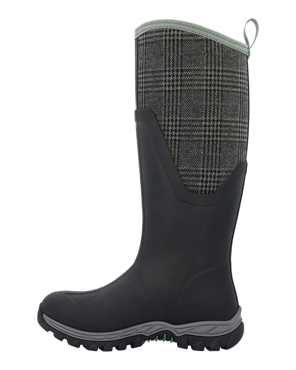 Black Plaid Print Muck Boots Womens Artic Sport II Tall Wellingtons on White background 