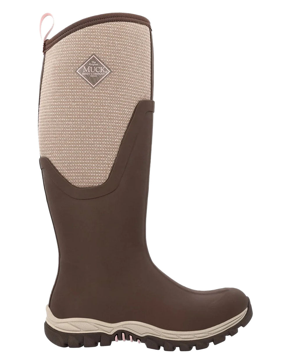 Chocolate Brown Walnut Woven Muck Boots Womens Artic Sport II Tall Wellingtons on White background 