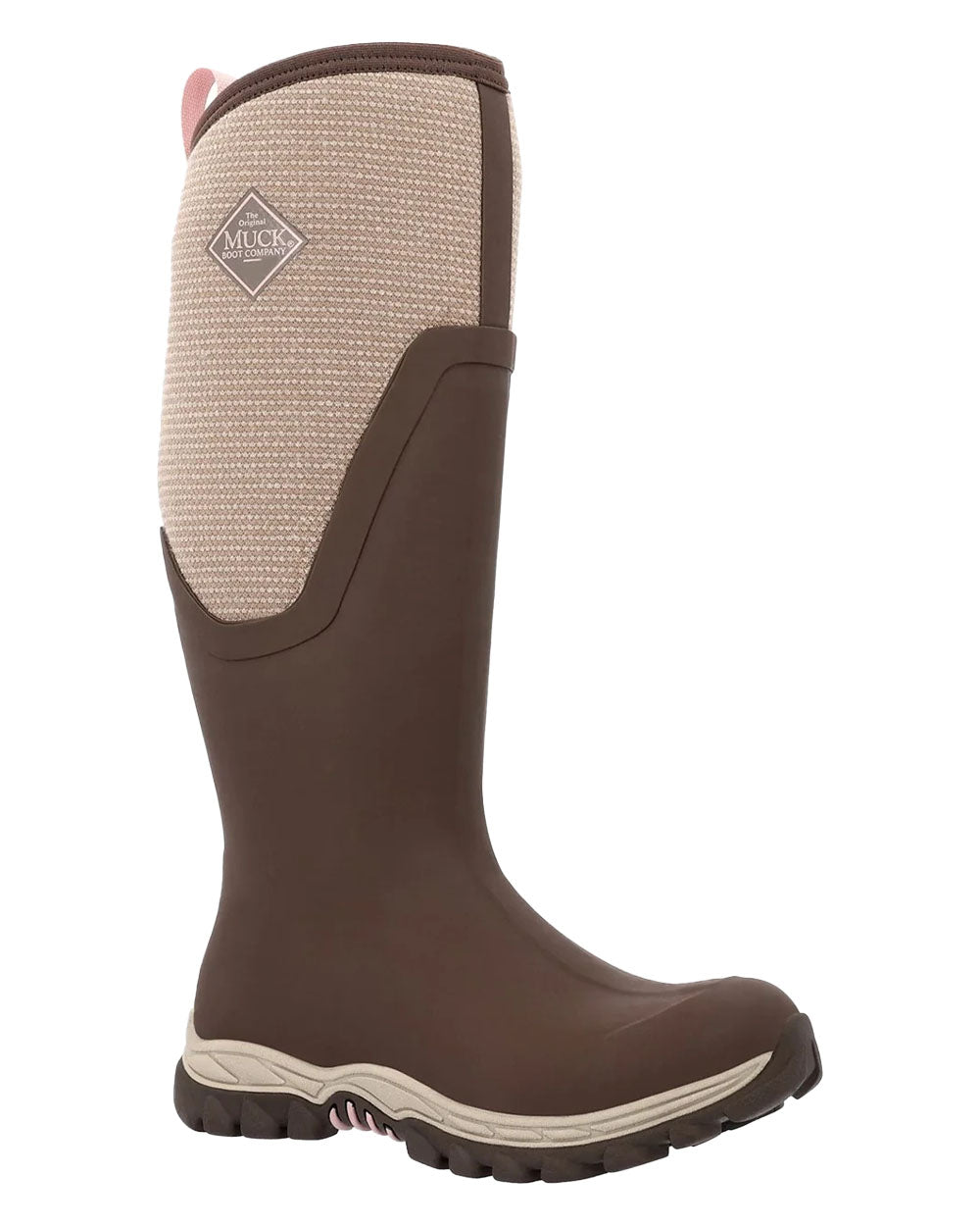 Chocolate Brown Walnut Woven Muck Boots Womens Artic Sport II Tall Wellingtons on White background 
