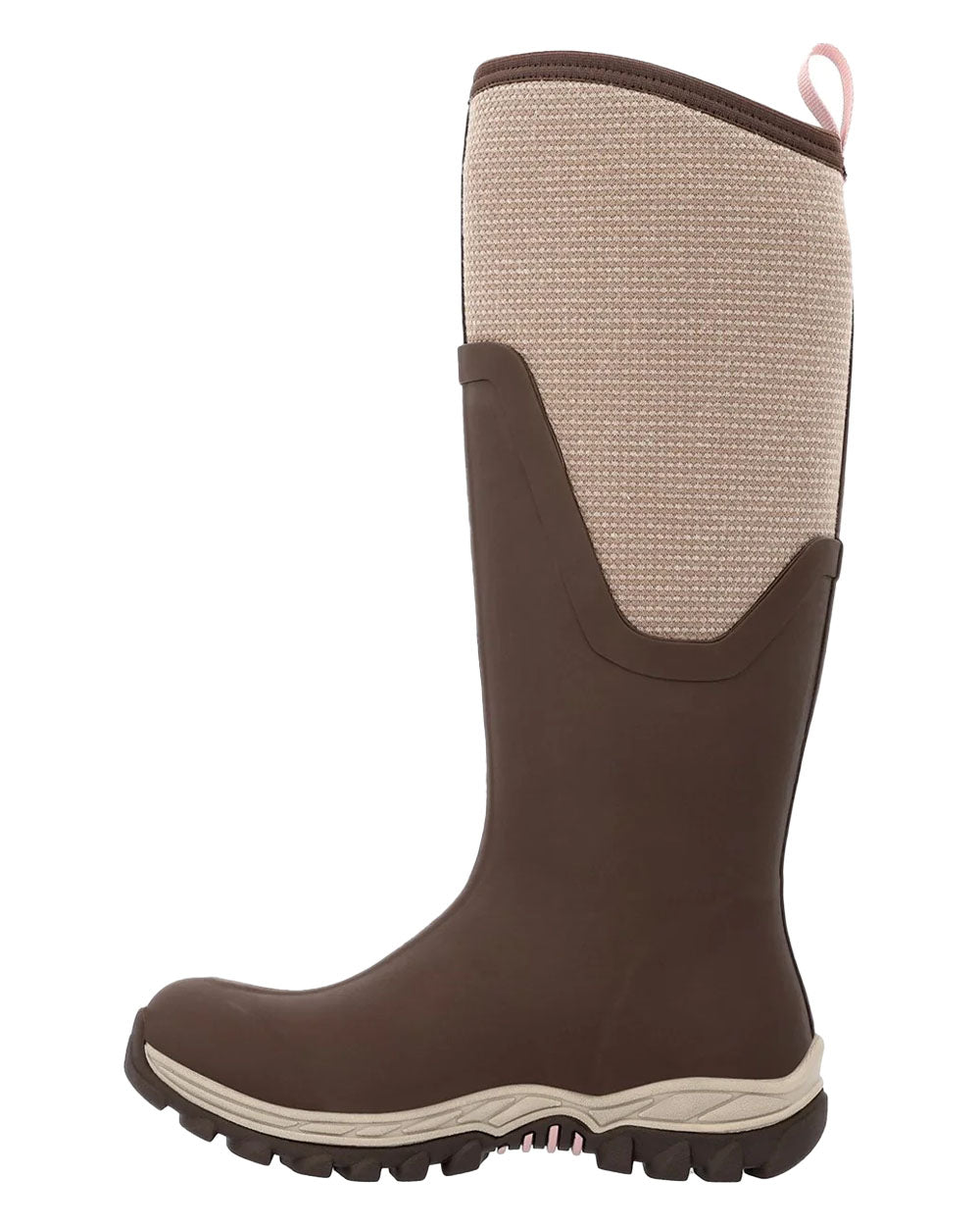 Chocolate Brown Walnut Woven Muck Boots Womens Artic Sport II Tall Wellingtons on White background 