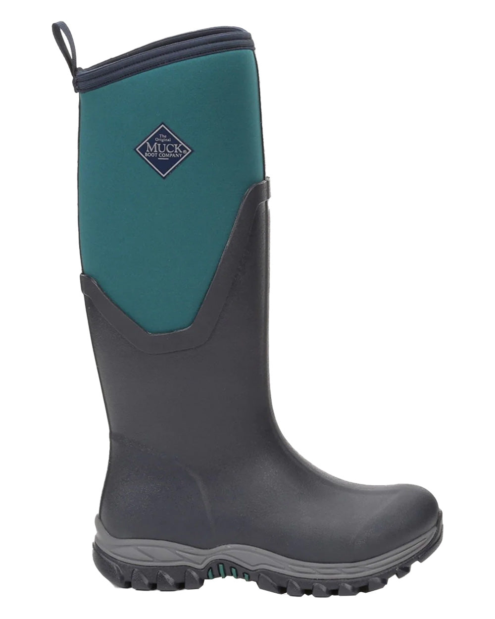 Navy/Spruce coloured Muck Boots Womens Artic Sport II Tall Wellingtons on White background 