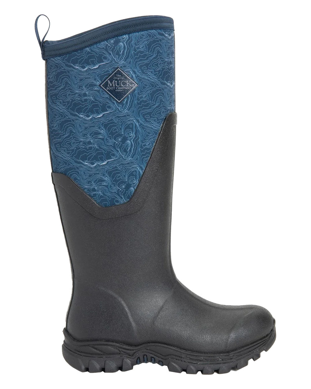 Navy Topography Muck Boots Womens Artic Sport II Tall Wellingtons on White background 