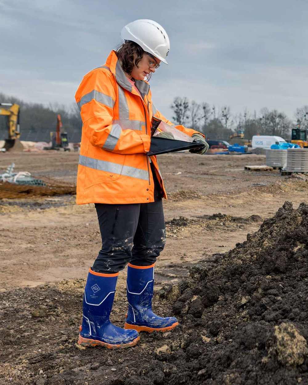 Blue Orange Coloured Muck Boots Womens Grit S5 Tall Boots on White Background
