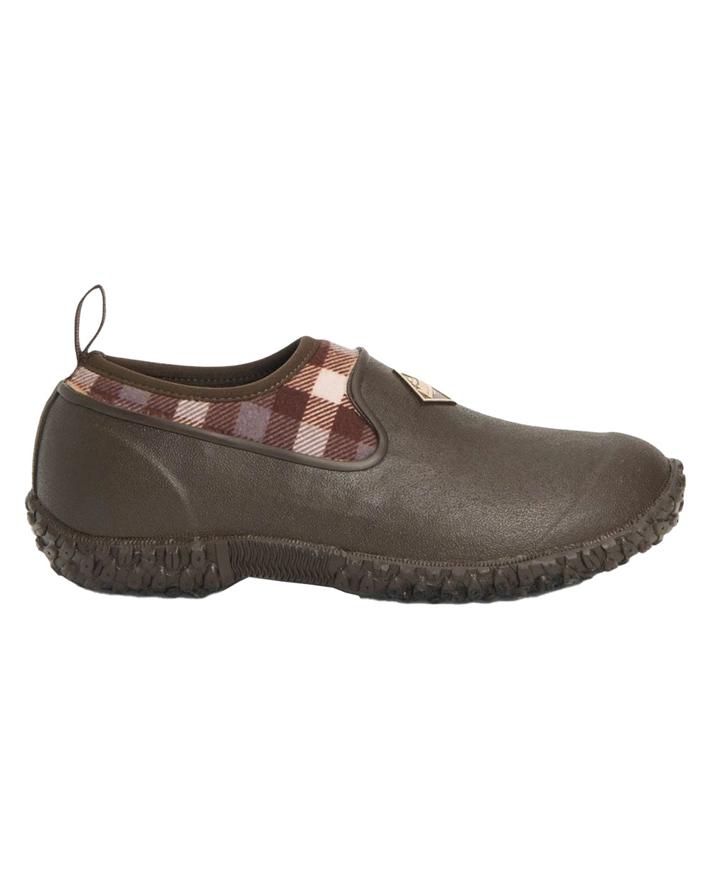 Brown Plaid Print coloured Muck Boots Womens RHS Muckster II Low Shoes on White background 