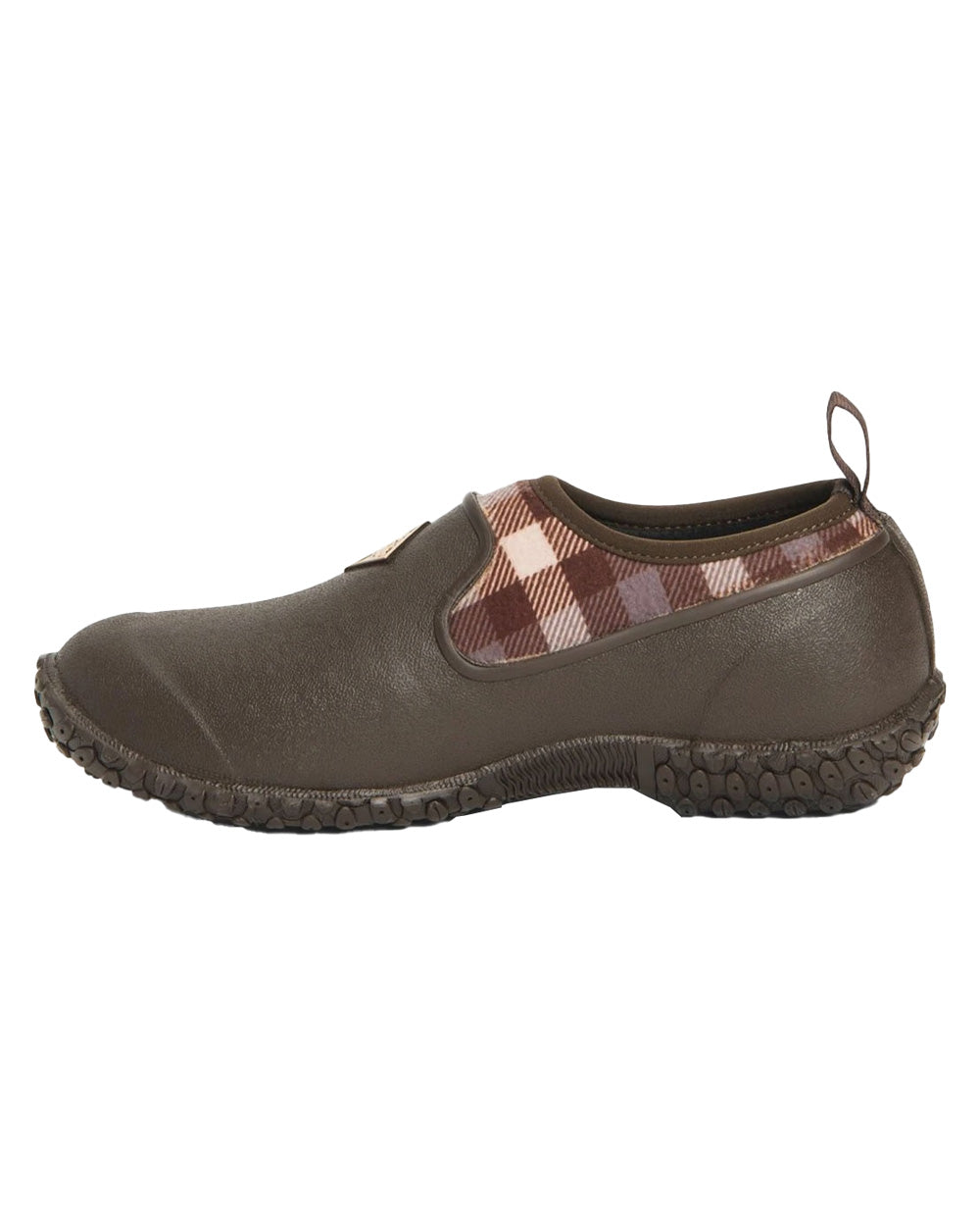 Brown Plaid Print coloured Muck Boots Womens RHS Muckster II Low Shoes on White background 