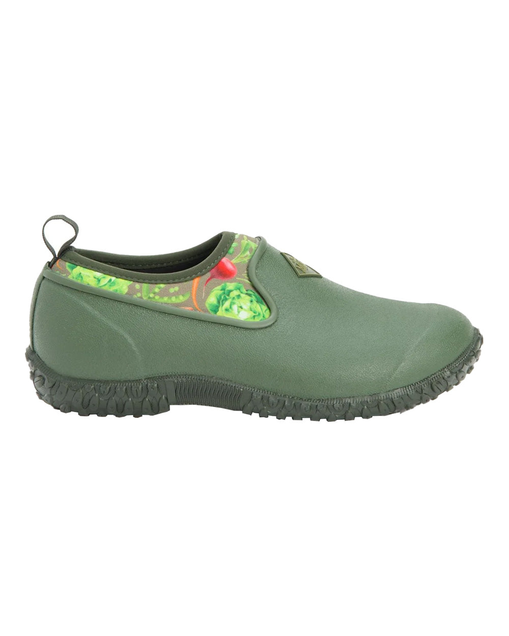 Green Veggie Print coloured Muck Boots Womens RHS Muckster II Low Shoes on White background 
