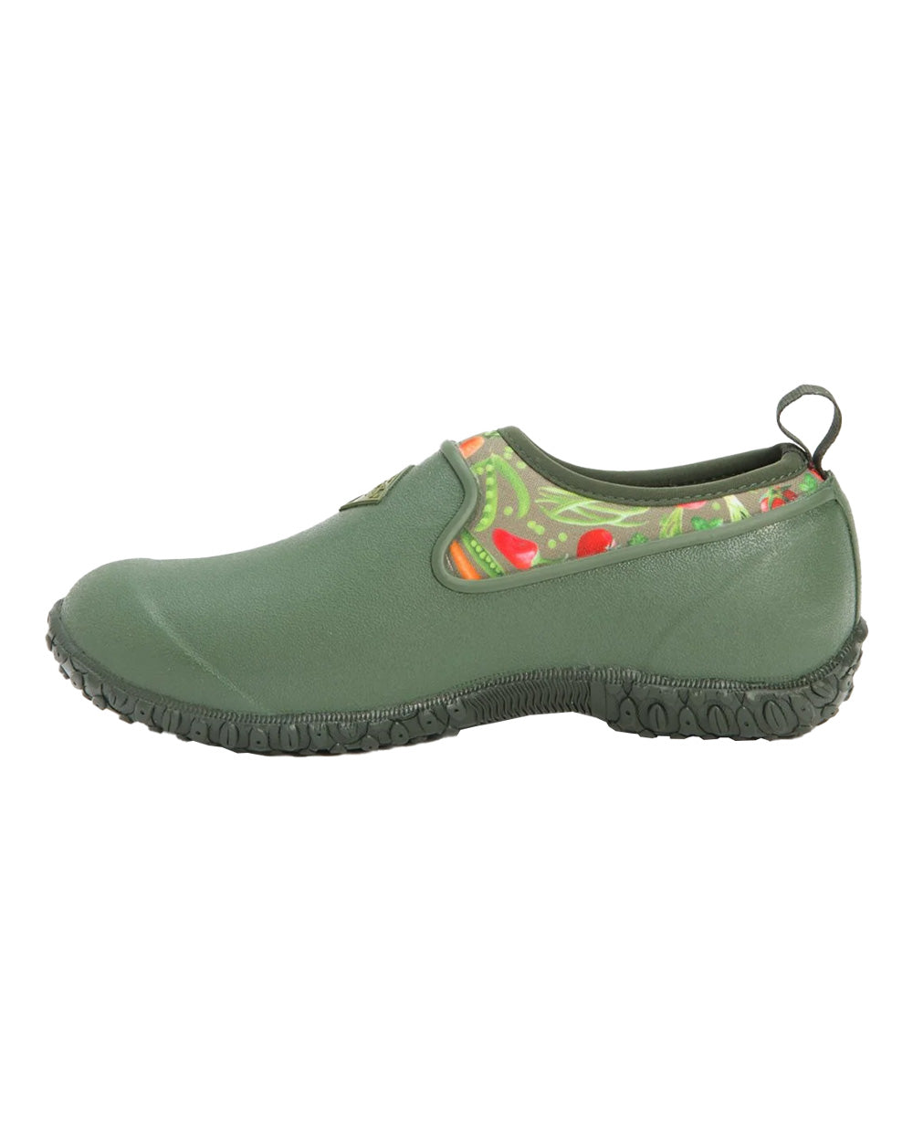 Green Veggie Print coloured Muck Boots Womens RHS Muckster II Low Shoes on White background 