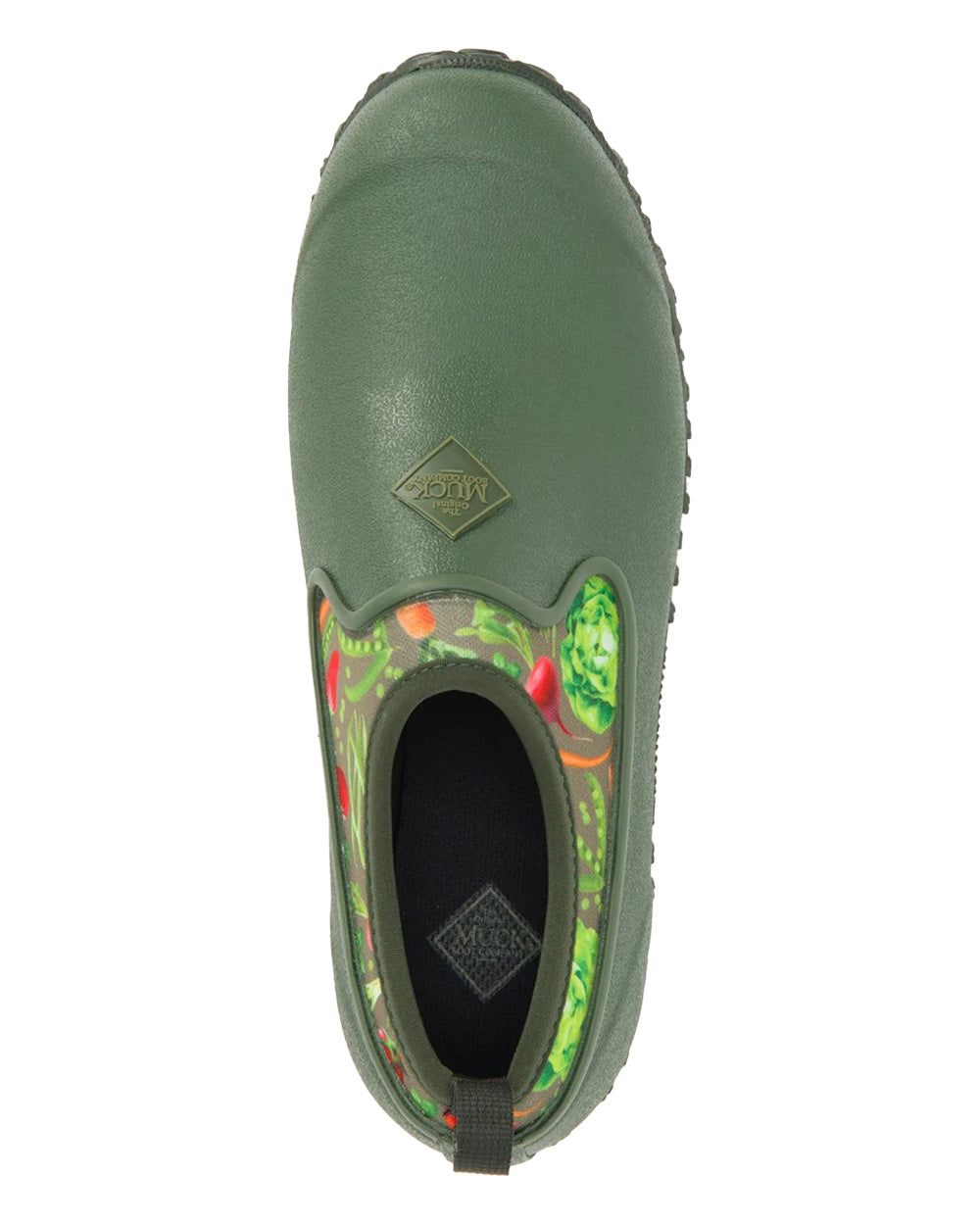 Green Veggie Print coloured Muck Boots Womens RHS Muckster II Low Shoes on White background 