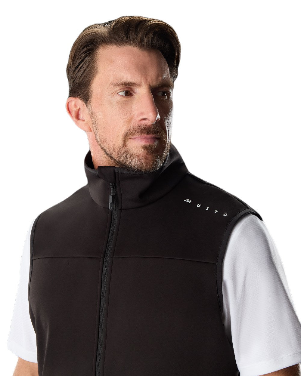 Black Coloured Musto Evo Crew Softshell Vest on White Background
