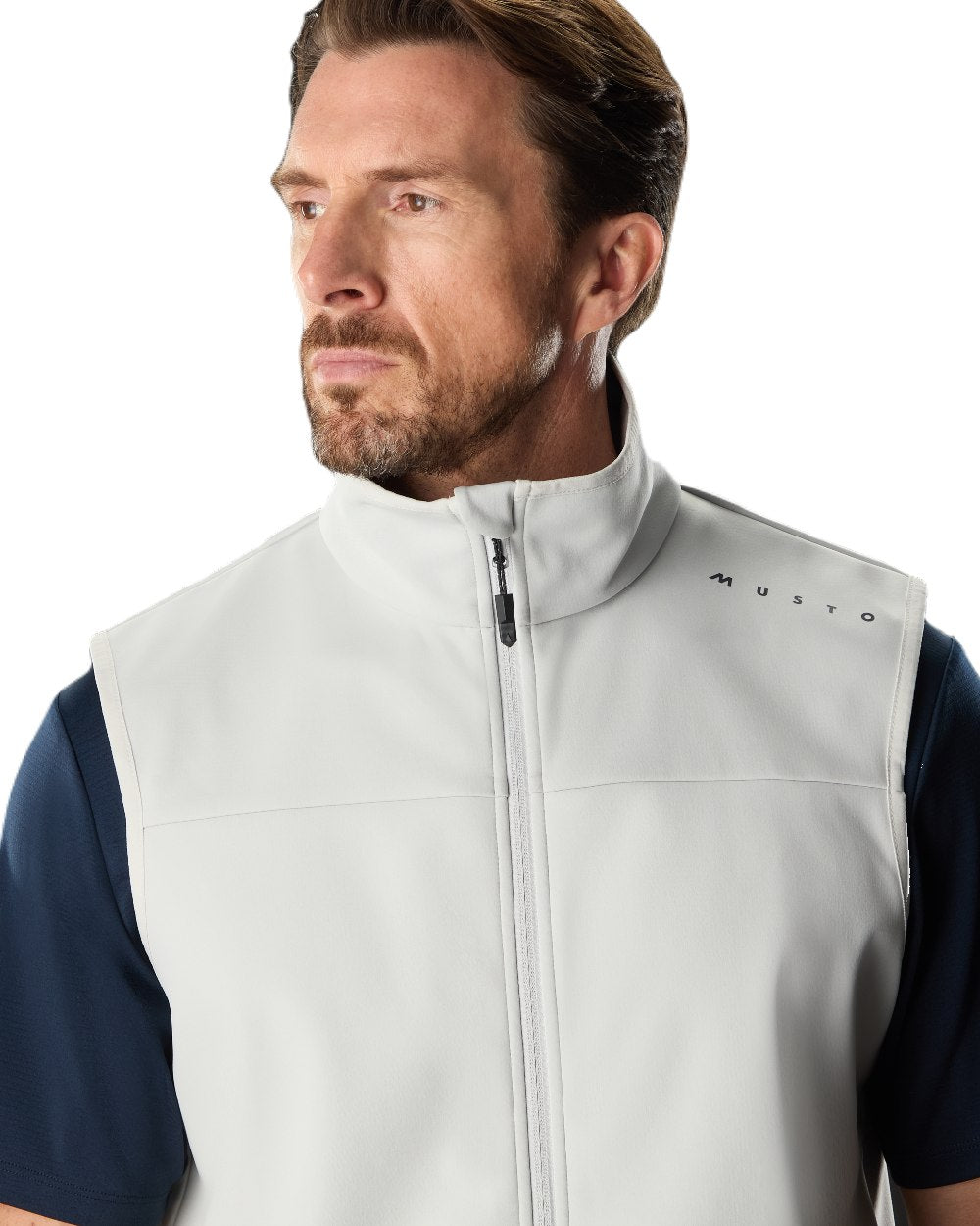 Platinum Coloured Musto Evo Crew Softshell Vest on White Background
