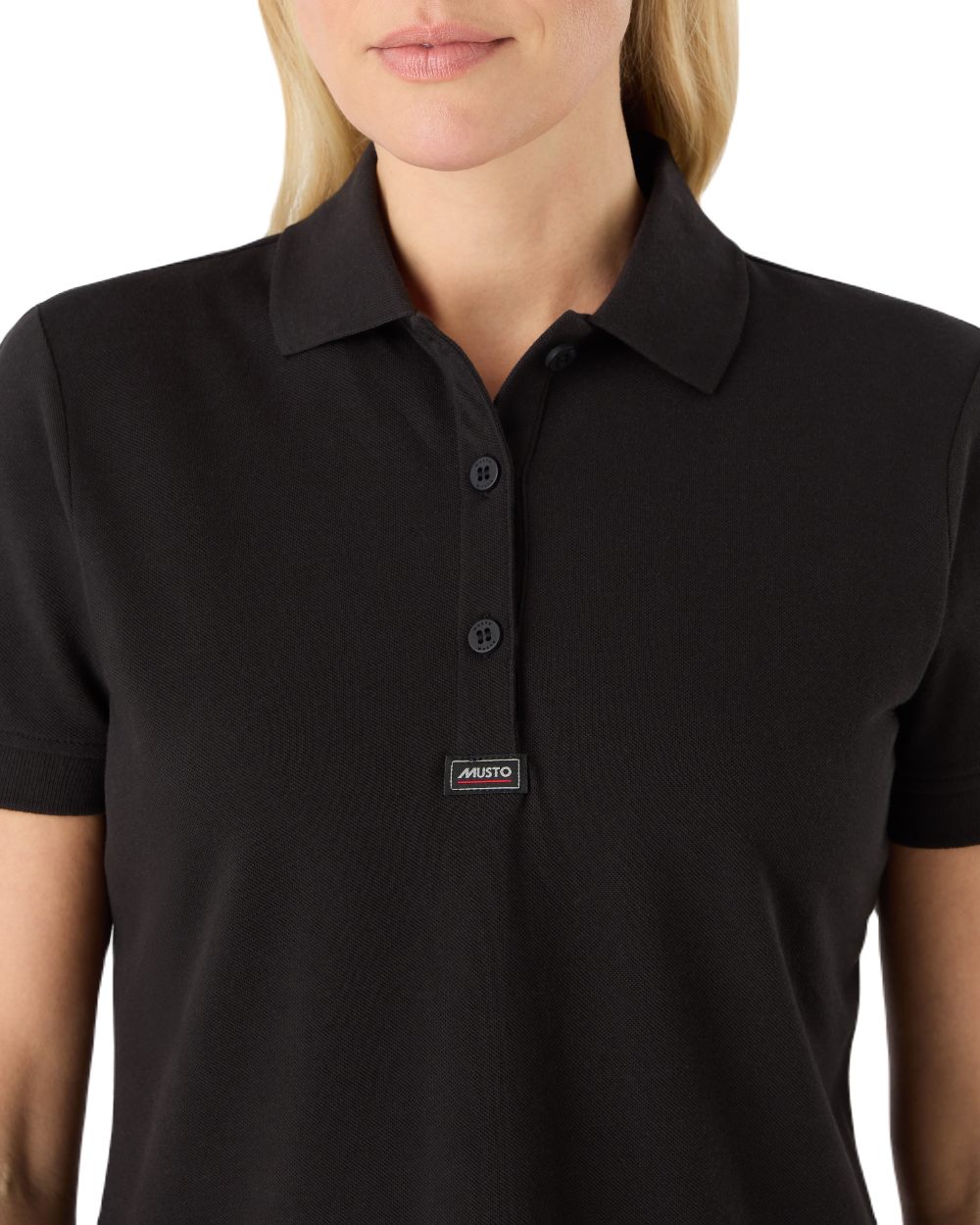 Black Coloured Musto Ladies Essential Pique Polo Shirt on White Background
