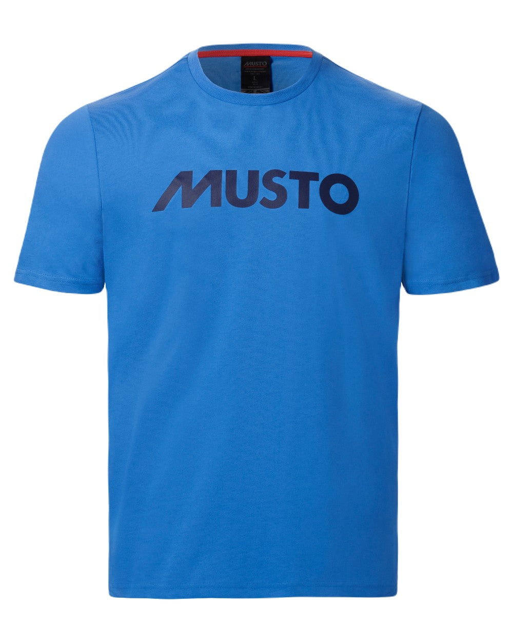 Nebulas Blue Coloured Musto Logo Cotton Tee on White Background
