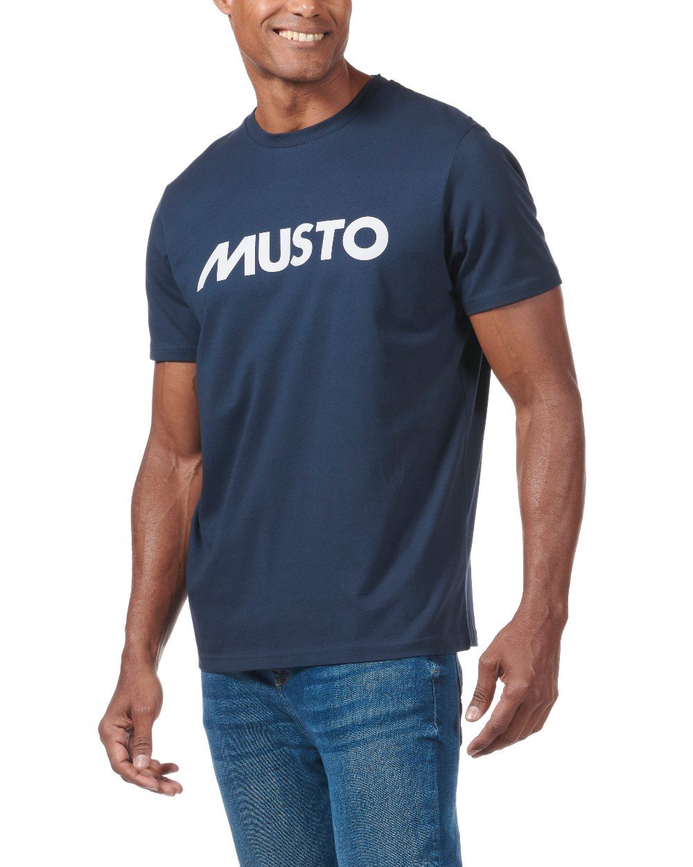 Navy Coloured Musto Logo Tee On A White Background
