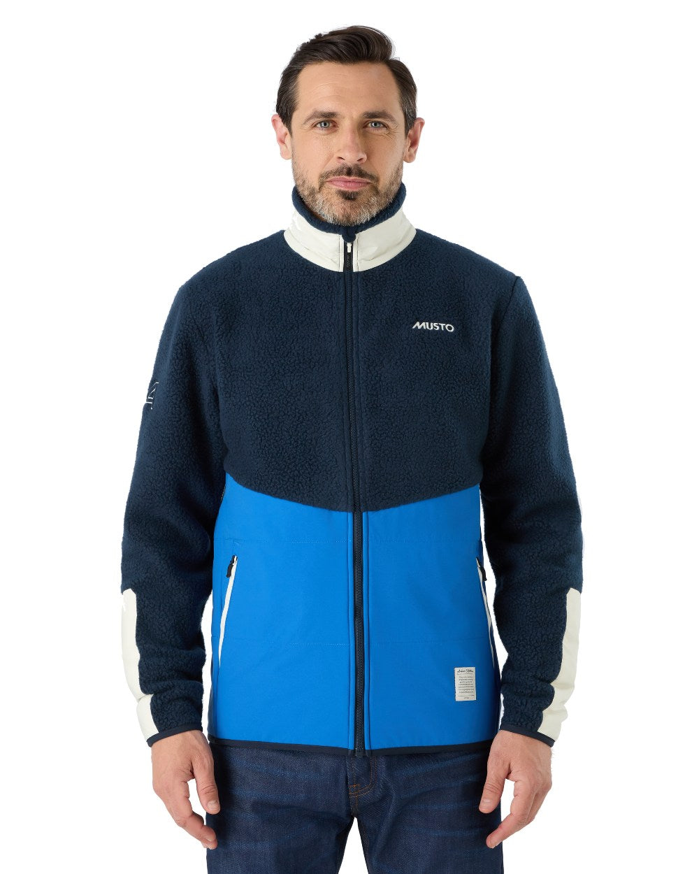 Aruba Blue/Navy/Antique Sail White Musto Mens 64 Pile Fleece Jacket On A White Background 