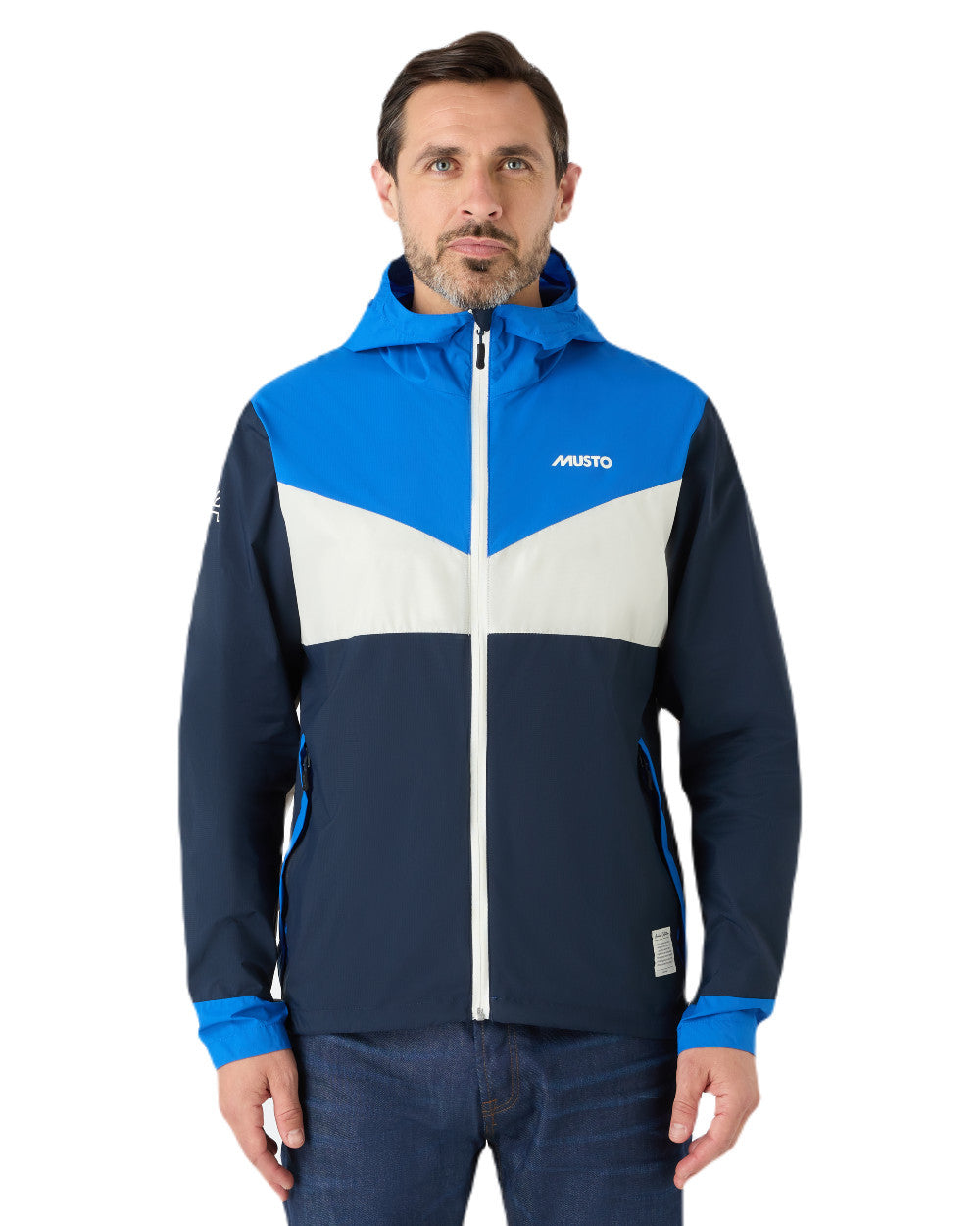 Aruba Blue/Navy Coloured Musto Mens 64 Windbreaker Jacket On A White Background 