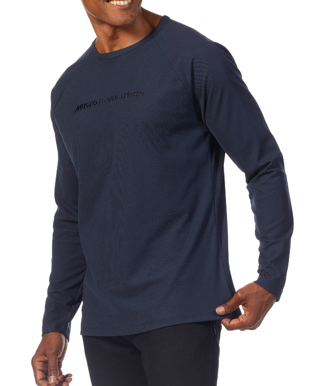 Navy coloured Musto Mens Evolution Newport Osm Edye Long Sleeve T-shirt on white background 