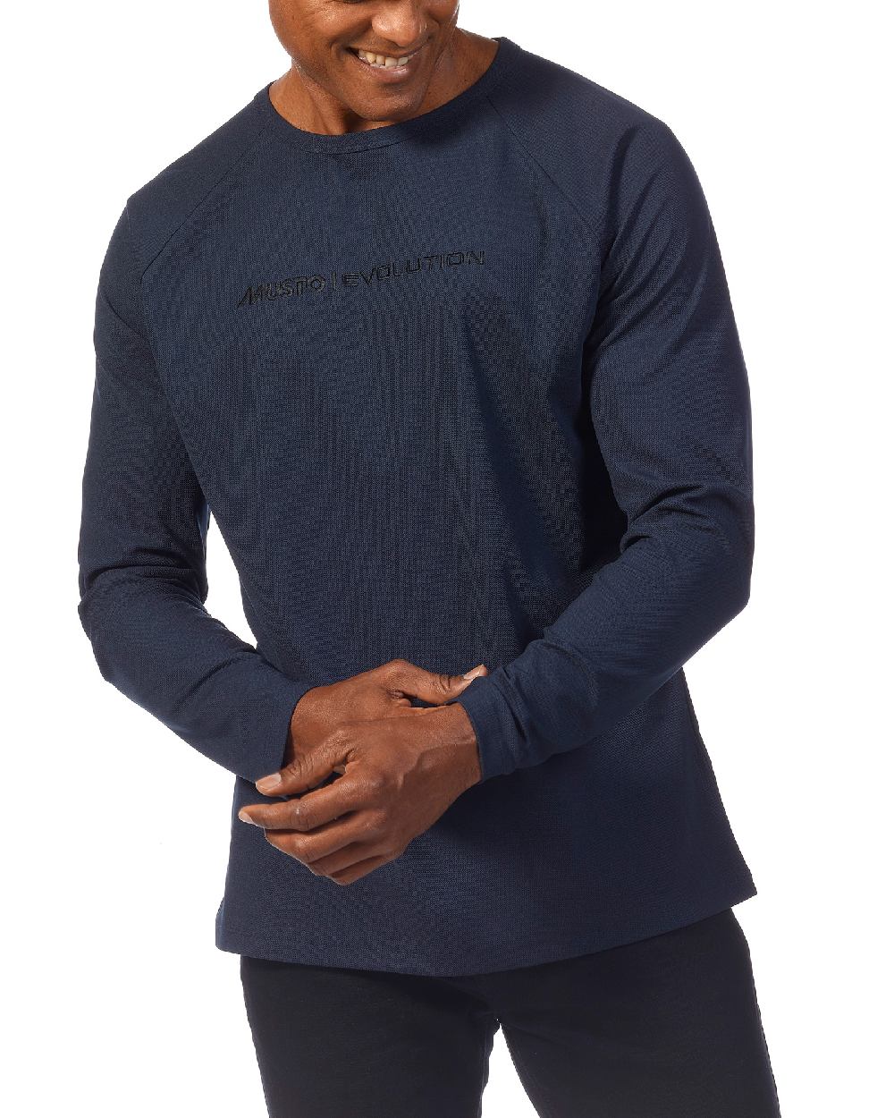 Navy coloured Musto Mens Evolution Newport Osm Edye Long Sleeve T-shirt on white background 