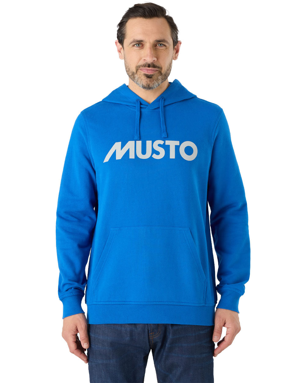 Aruba Blue coloured Musto Mens Logo Hoodie on White background 