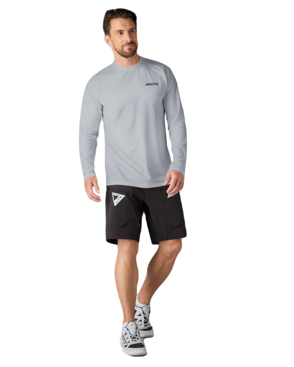 Grey Melange Coloured Musto Mens LPX Cooling Long Sleeve T-Shirt On A White Background 