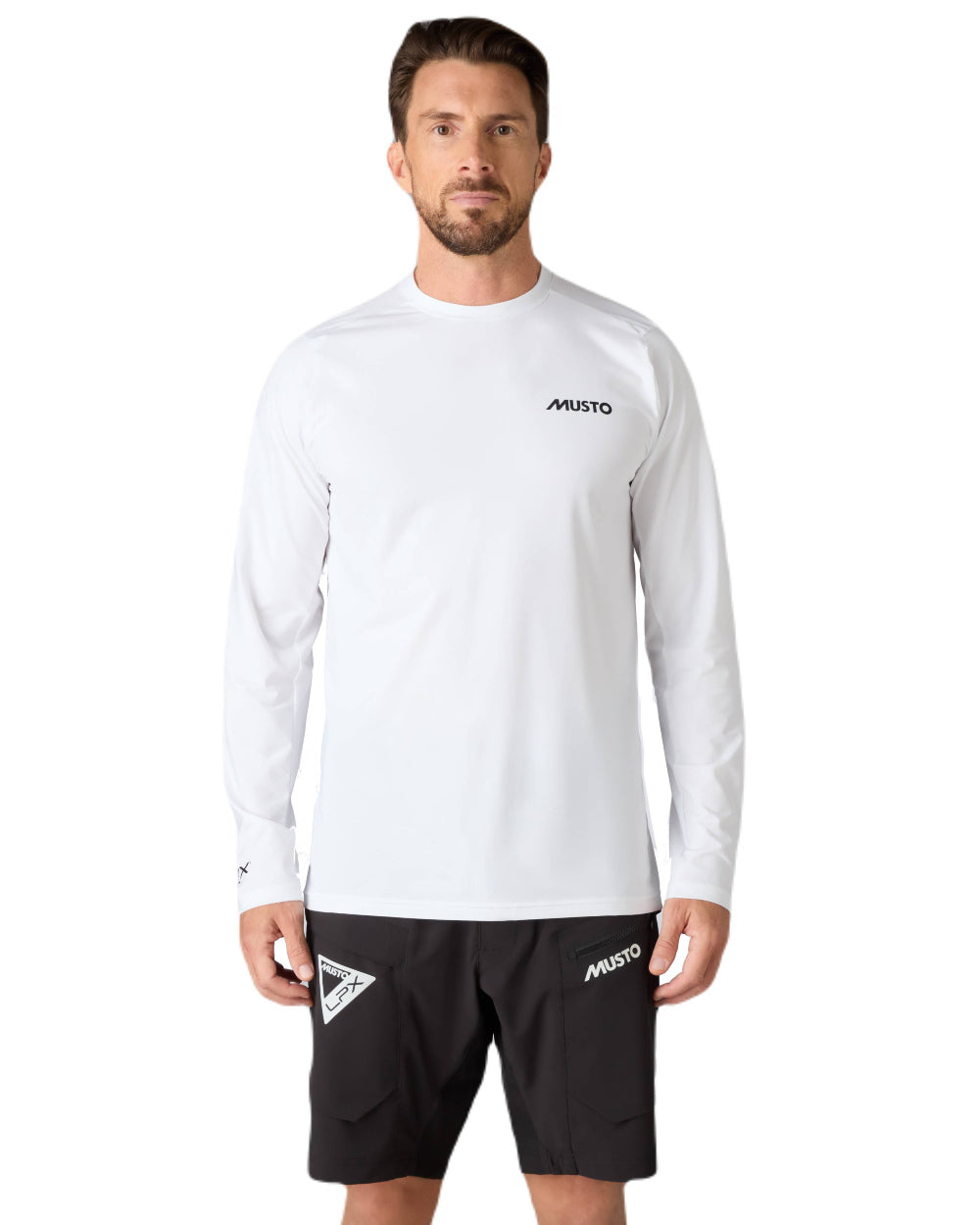 White Coloured Musto Mens LPX Cooling Long Sleeve T-Shirt On A White Background 