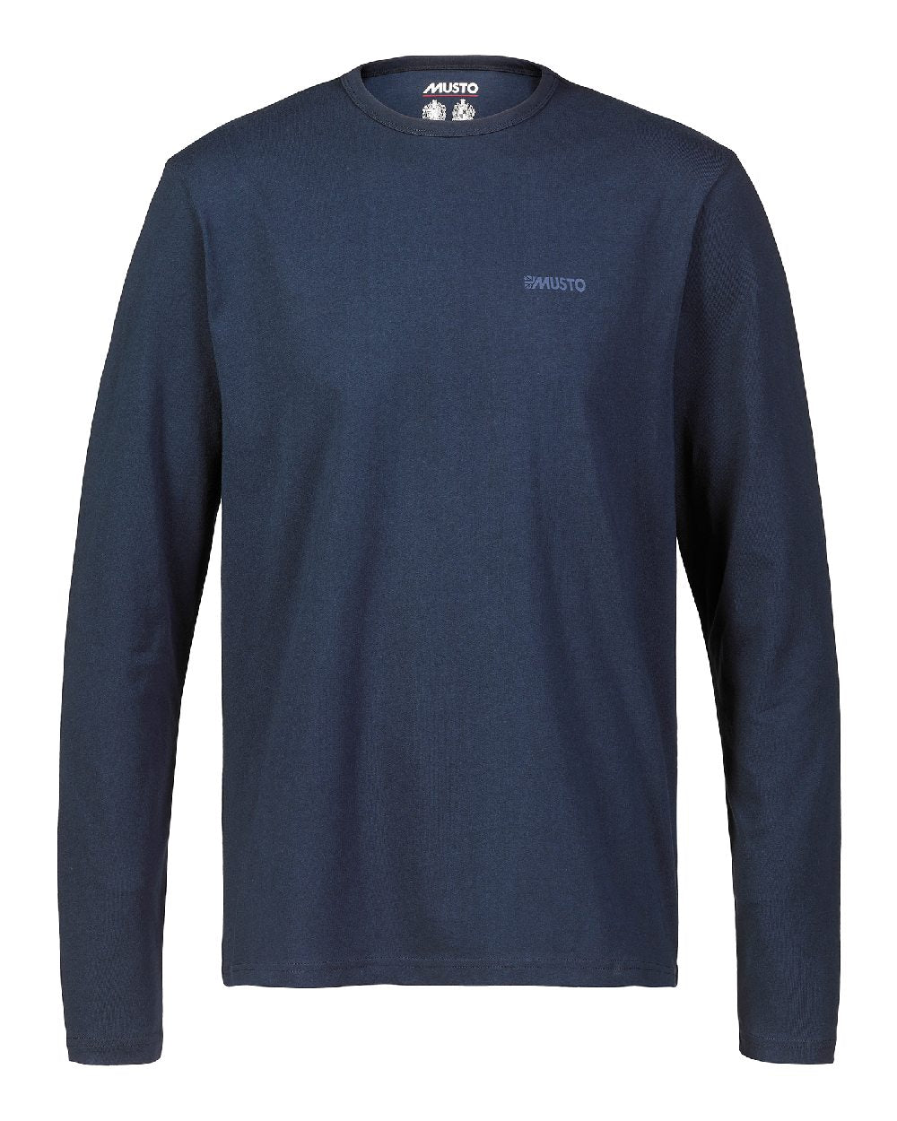 Navy coloured Musto Mens Marina Long Sleeve Logo T-Shirt on white background 