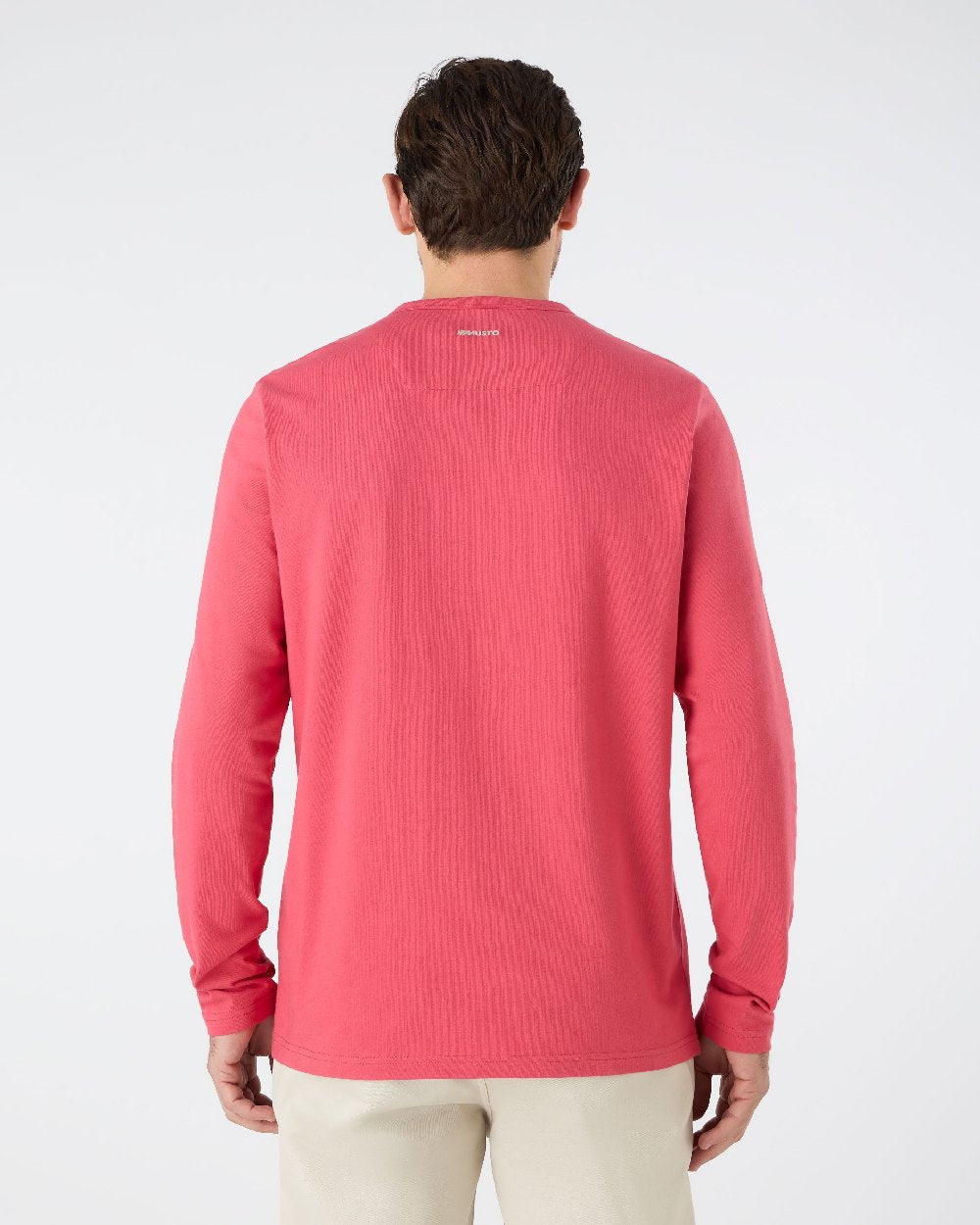 Sweet Raspberry coloured Musto Mens Marina Long Sleeve Logo T-Shirt on grey background 
