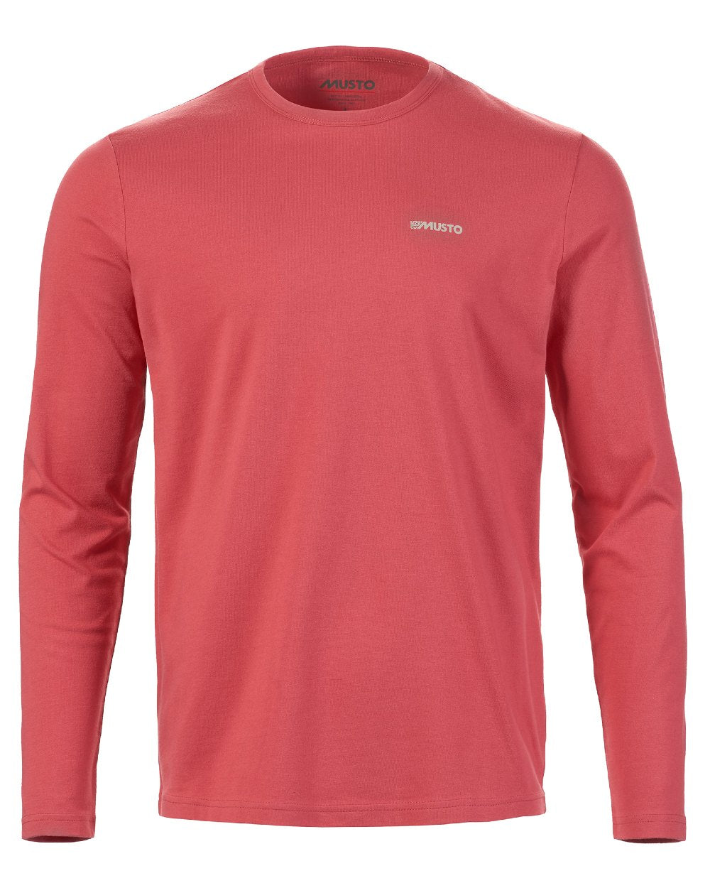 Sweet Raspberry coloured Musto Mens Marina Long Sleeve Logo T-Shirt on white background 