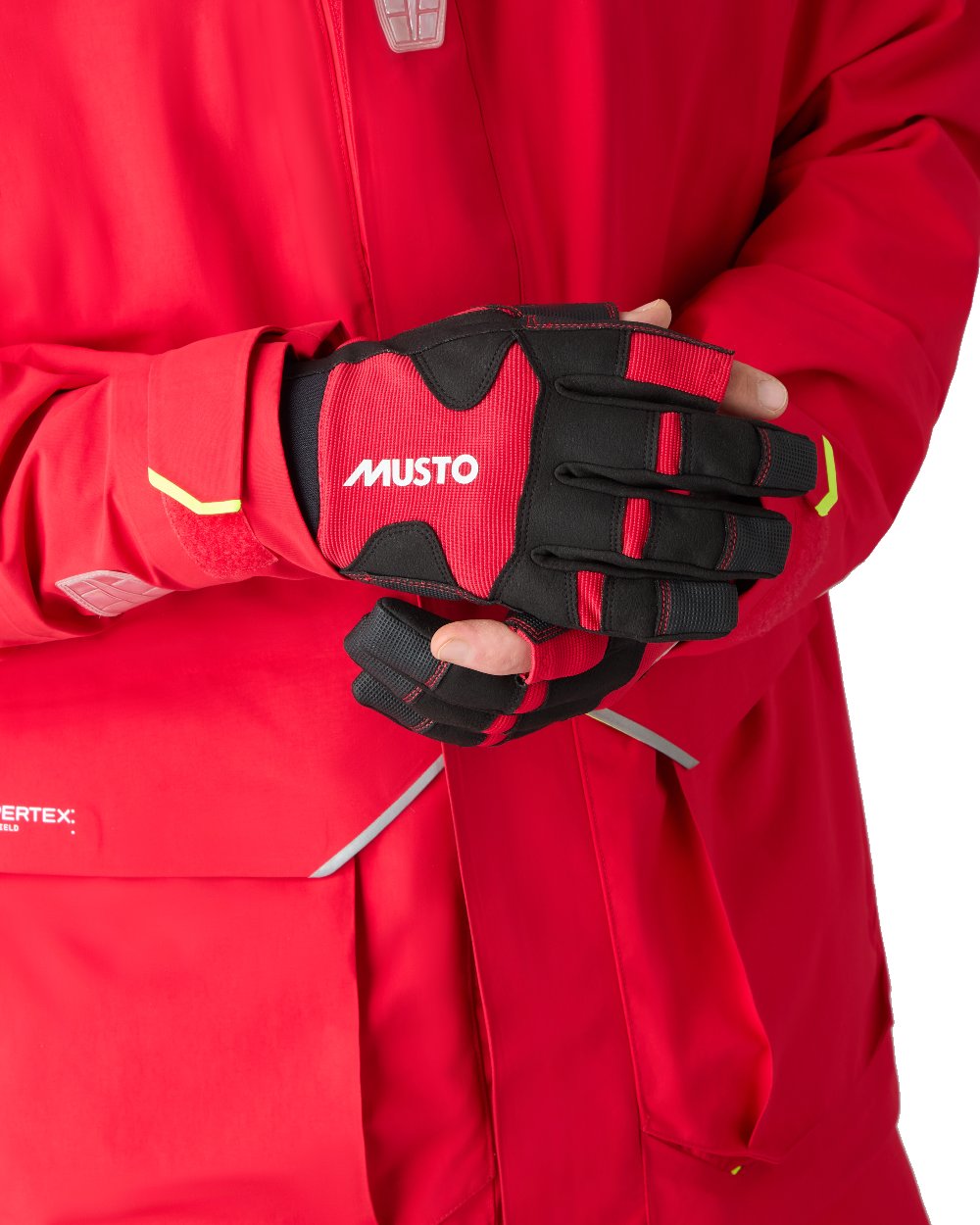 True Red Coloured Musto Performance Long Finger Glove 2.0 on White Background
