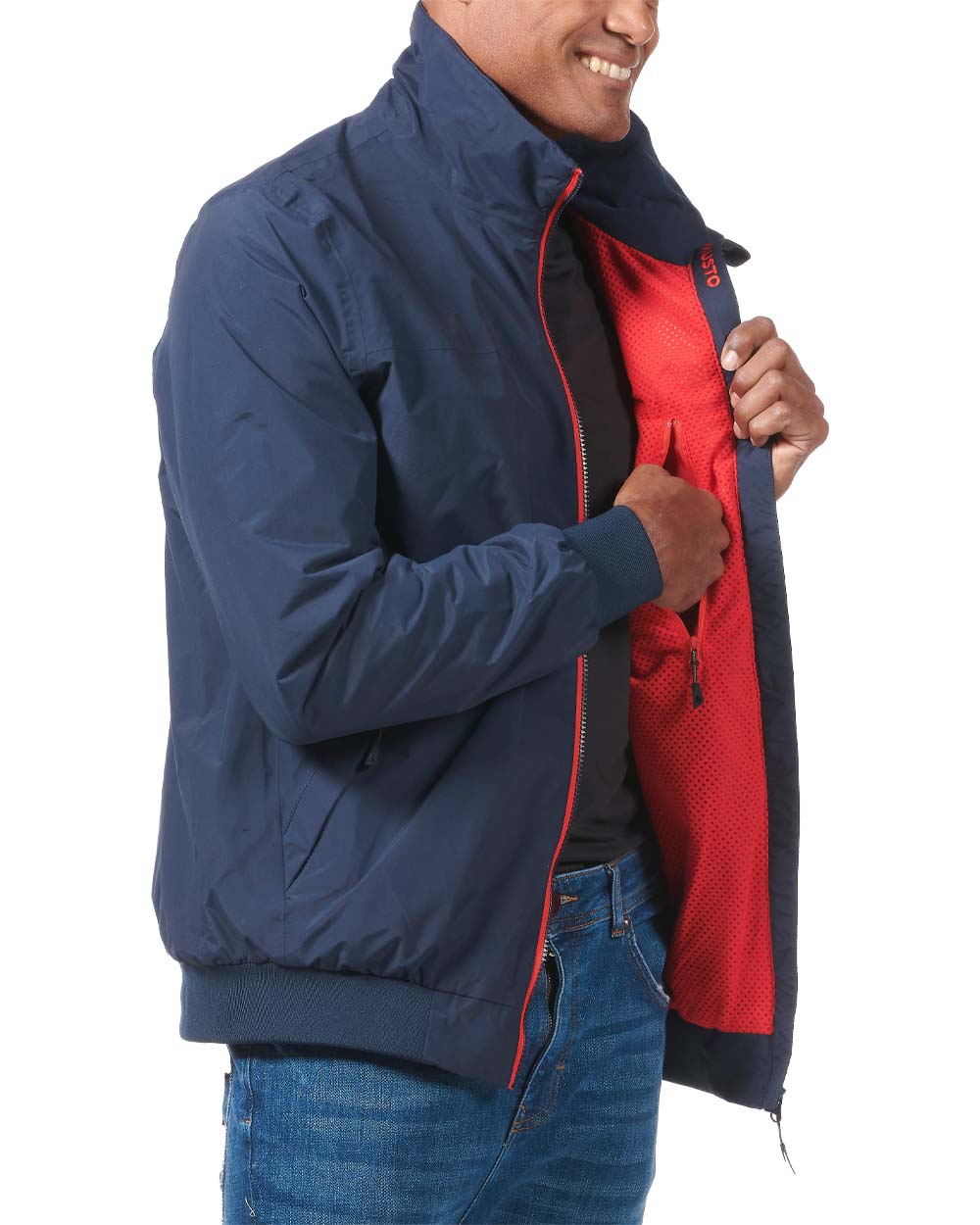 Navy Red coloured Musto Snug Blouson Jacket on White background 