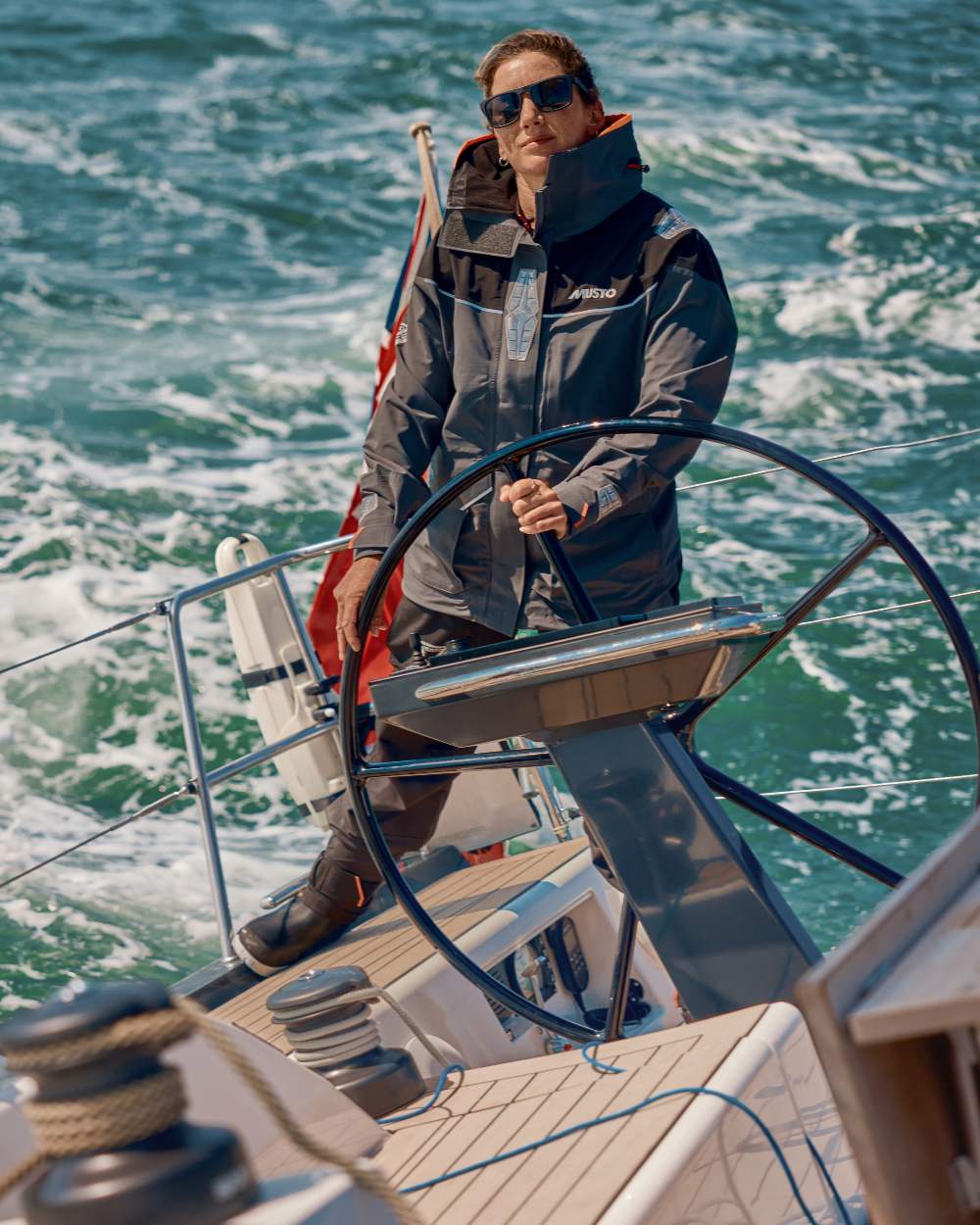 Charcoal Coloured Musto Womens Br3 Pertex Offshore Jacket on Boat Background
