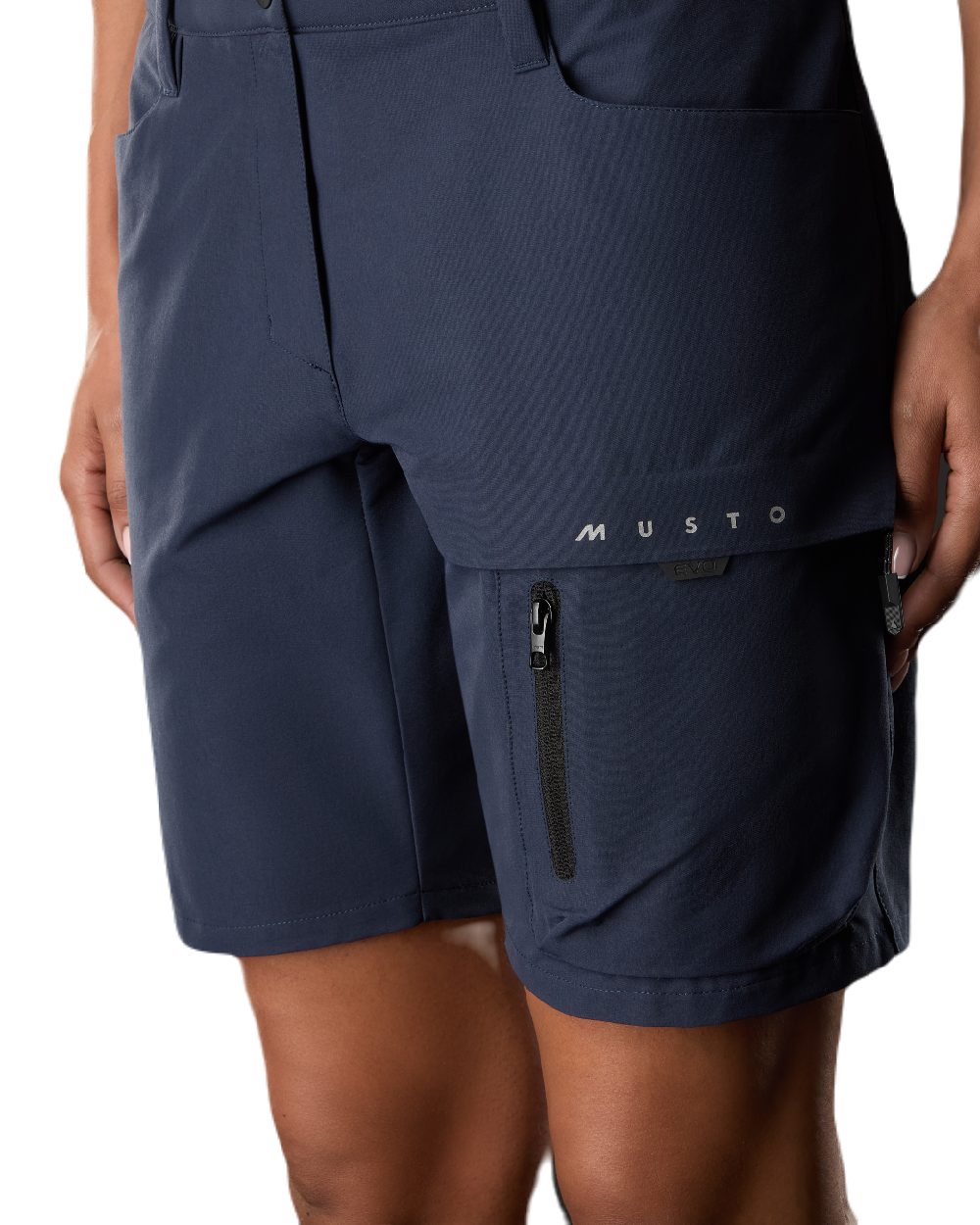 True Navy Coloured Musto Womens Evo Deck Stretch Shorts on White Background

