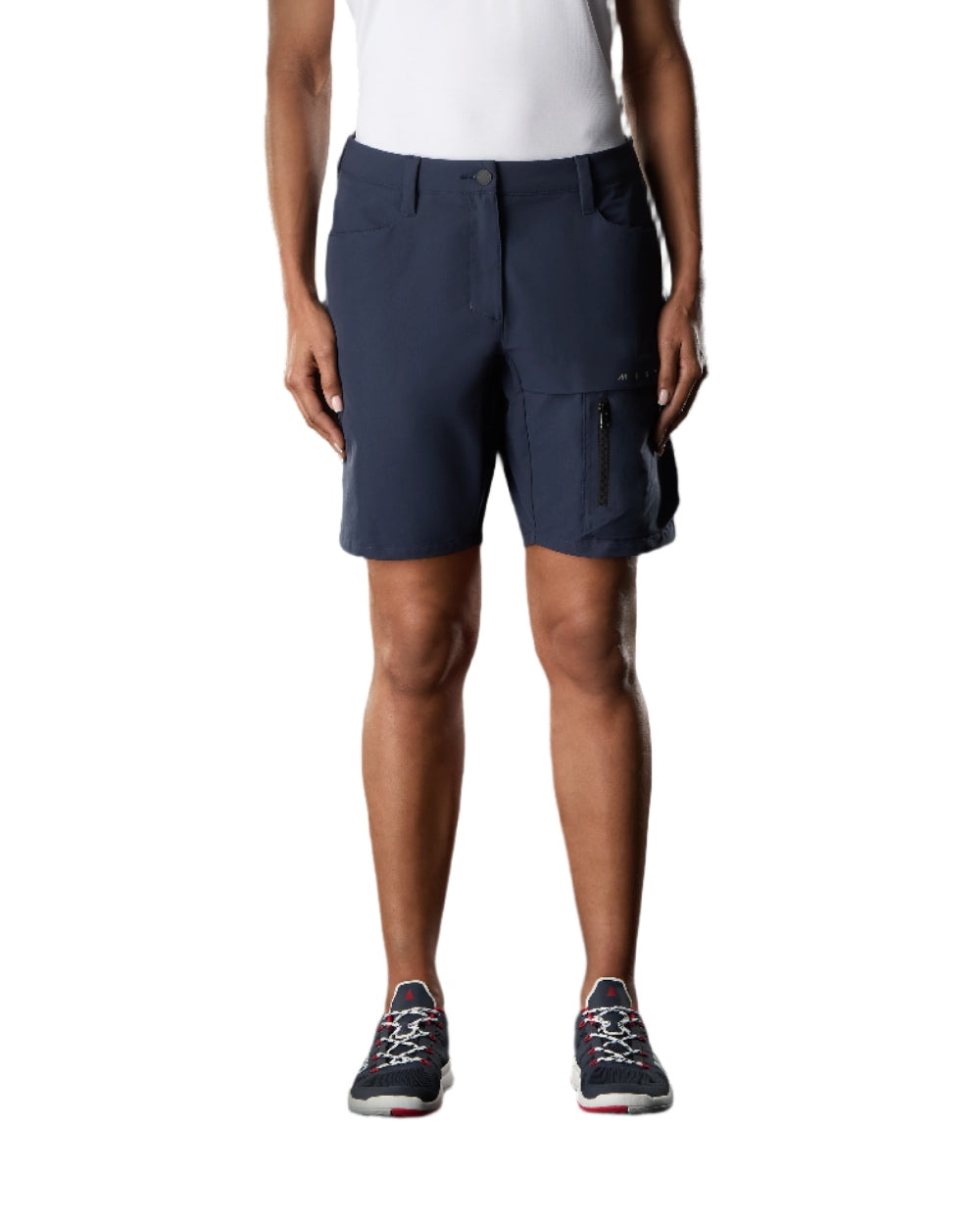True Navy Coloured Musto Womens Evo Deck Stretch Shorts on White Background
