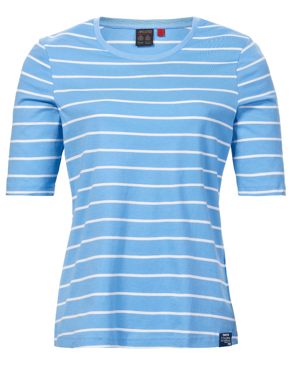 Silver Lake Blue Coloured Musto Womens Marina Stripe Short Sleeve T-Shirt On A White Background 