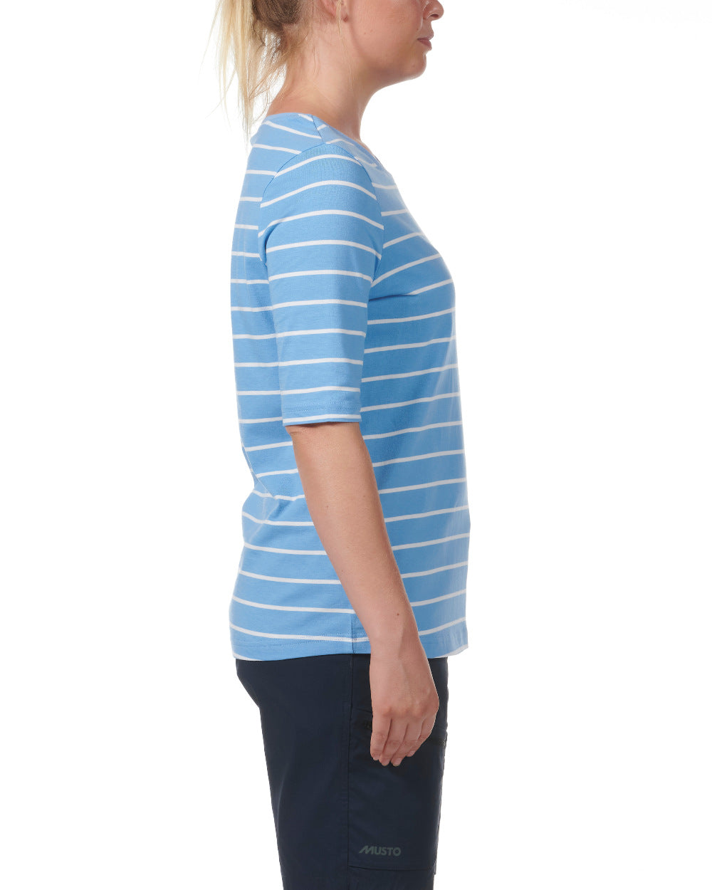 Silver Lake Blue Coloured Musto Womens Marina Stripe Short Sleeve T-Shirt On A White Background 