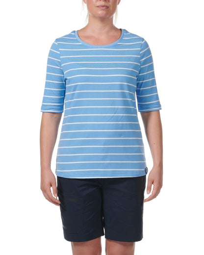 Silver Lake Blue Coloured Musto Womens Marina Stripe Short Sleeve T-Shirt On A White Background 
