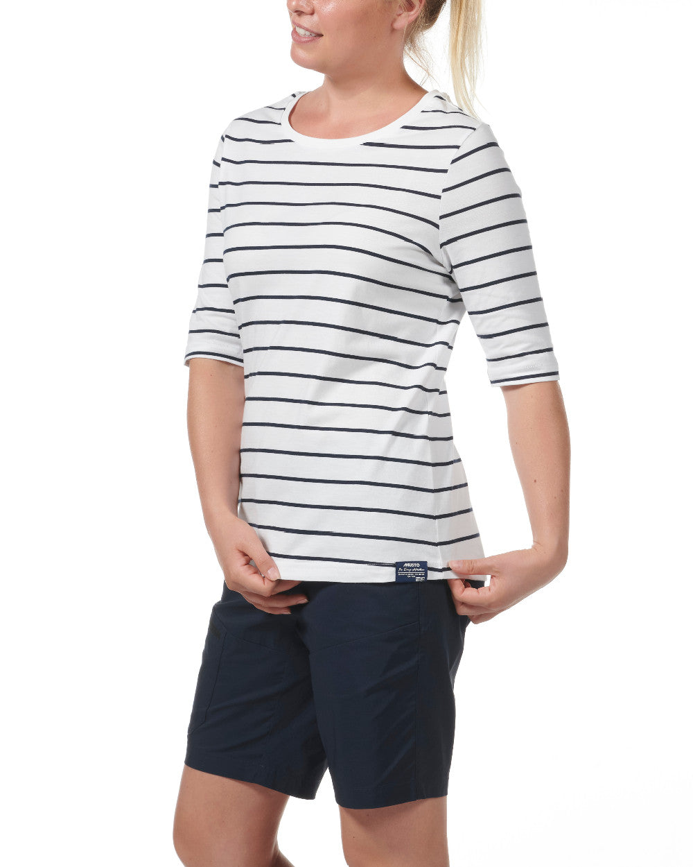 White Coloured Musto Womens Marina Stripe Short Sleeve T-Shirt On A White Background 