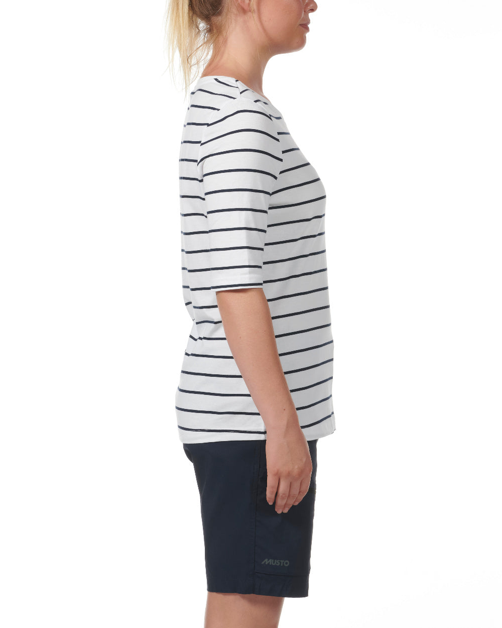 White Coloured Musto Womens Marina Stripe Short Sleeve T-Shirt On A White Background 