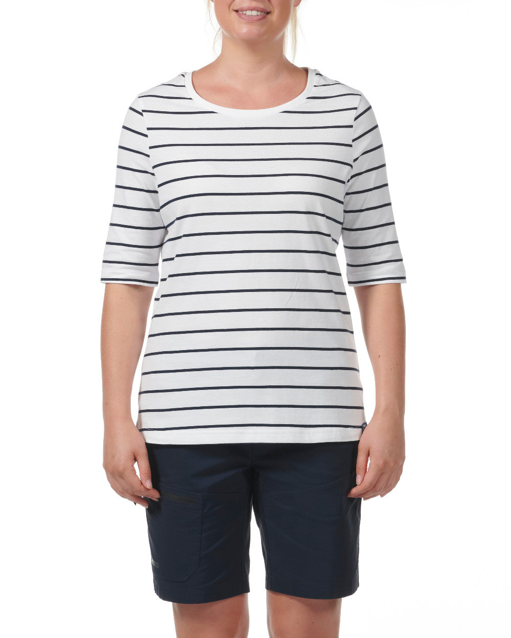 White Coloured Musto Womens Marina Stripe Short Sleeve T-Shirt On A White Background 