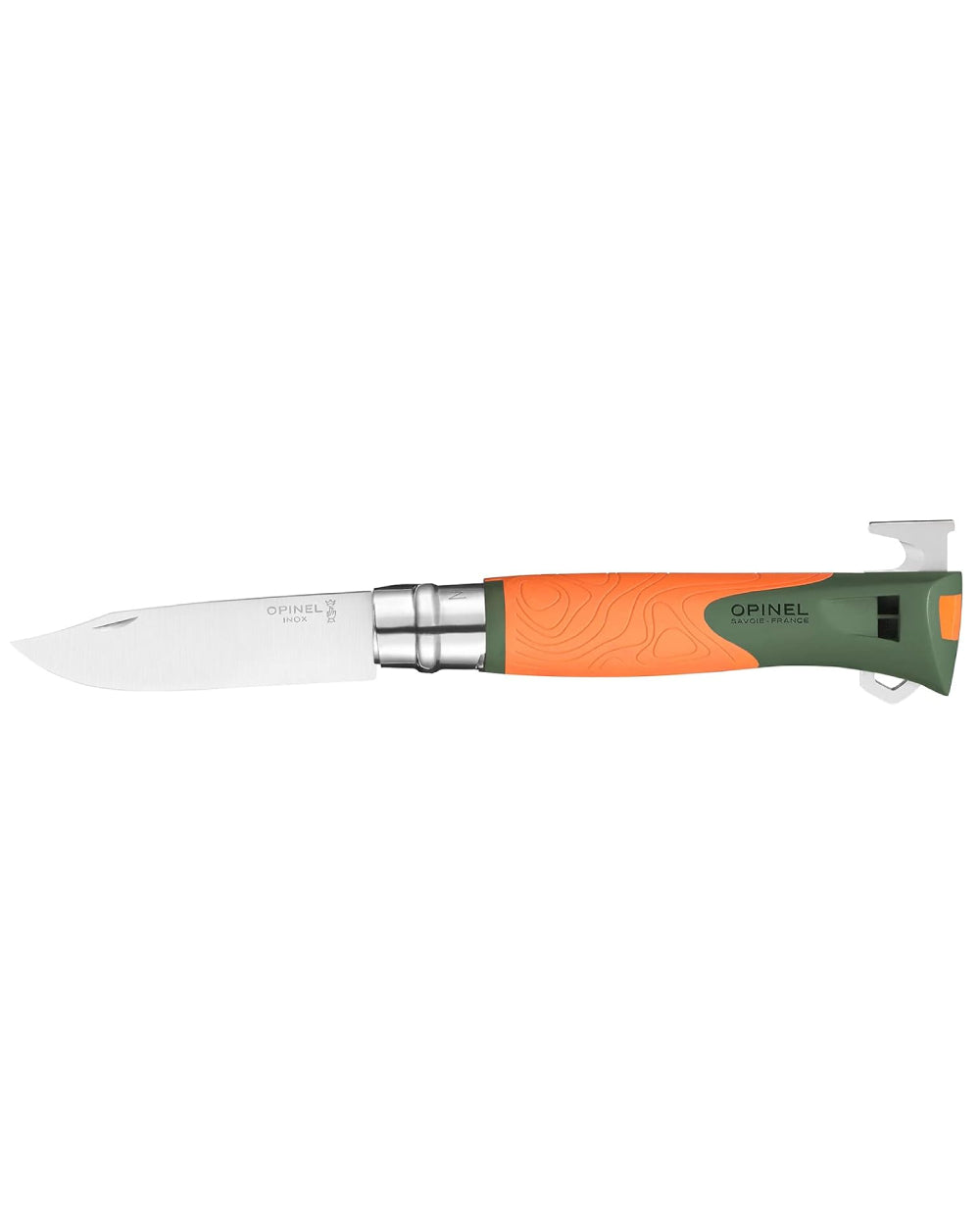 Orange Coloured Opinel No. 12 Explore Knife with Tick Remover On A White Background 