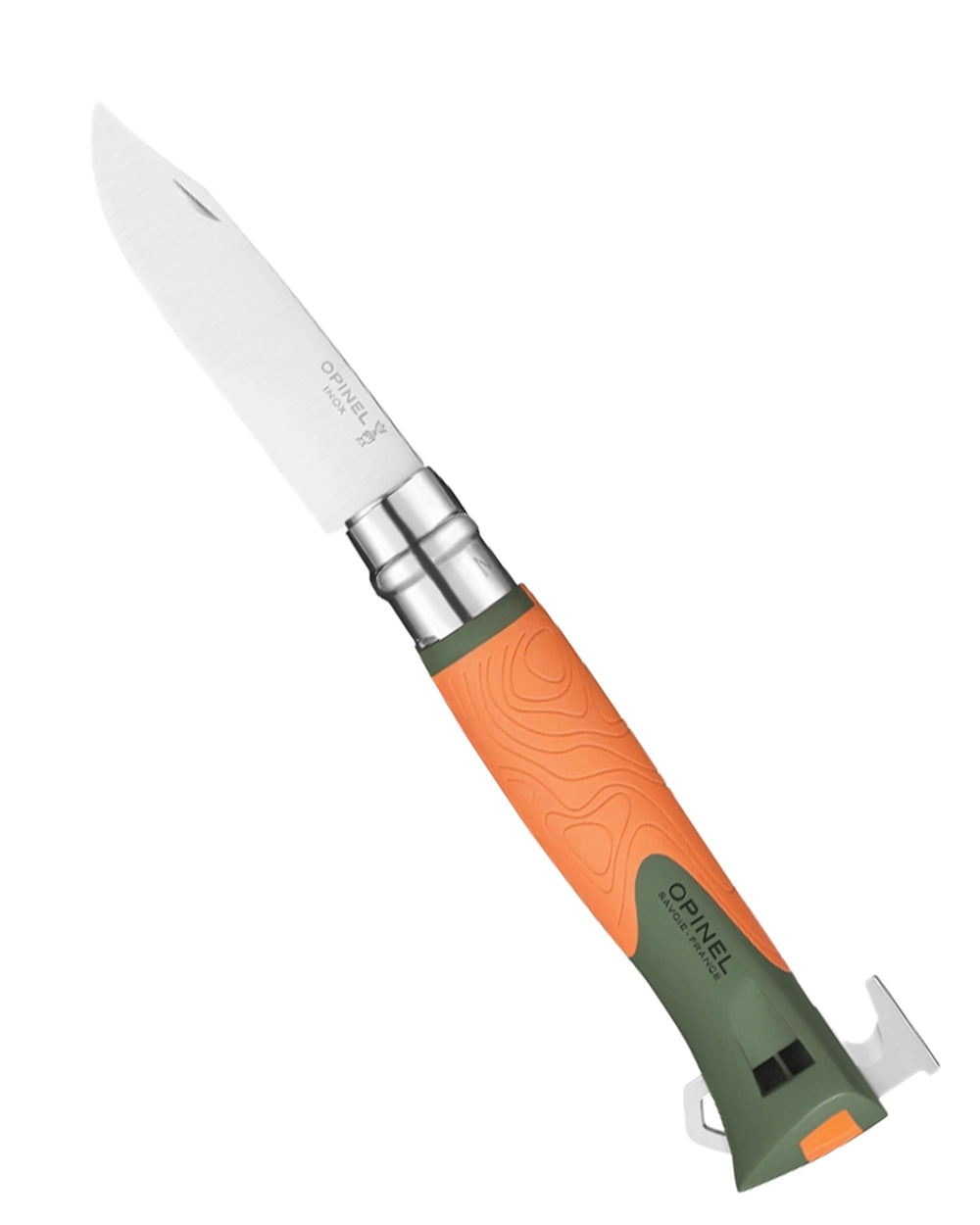 Orange Coloured Opinel No. 12 Explore Knife with Tick Remover On A White Background 