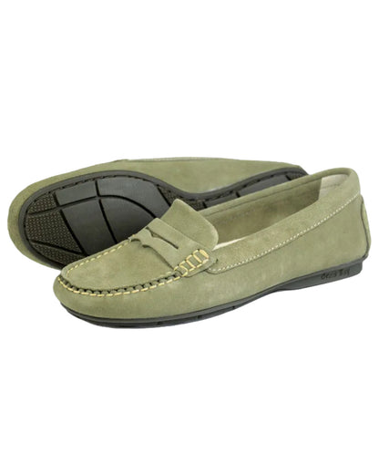 Sage Coloured Orca Bay Womens Florence Suede Loafers On A White Background 